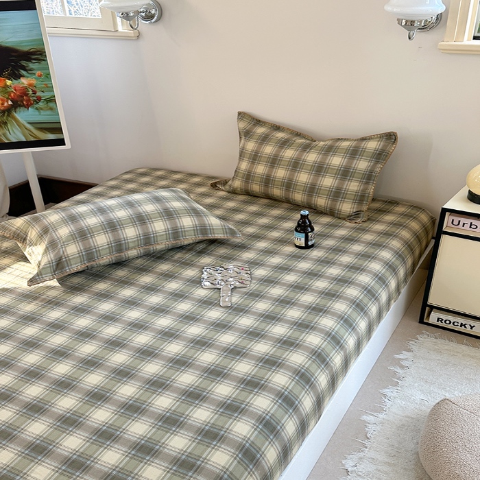 91家纺网 家纺一手货源 找家纺 金丝鸟 2025春夏新款全棉纯棉双层纱床笠 床笠单件 轨迹绿格