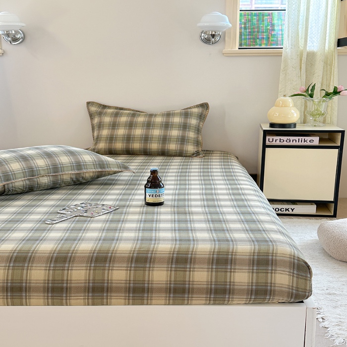 91家纺网 家纺一手货源 找家纺 金丝鸟 2025春夏新款全棉纯棉双层纱床笠 床笠单件 轨迹绿格