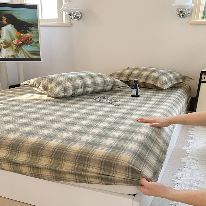 91家纺网 家纺一手货源 找家纺 金丝鸟 2025春夏新款全棉纯棉双层纱床笠 床笠单件 轨迹绿格