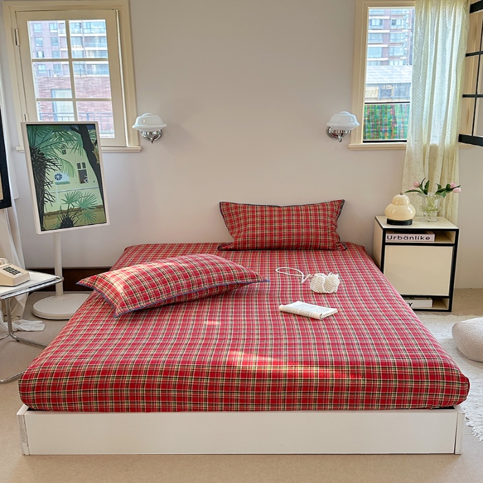 91家纺网 家纺一手货源 找家纺 金丝鸟 2025春夏新款全棉纯棉双层纱床笠 床笠单件 红色格纹