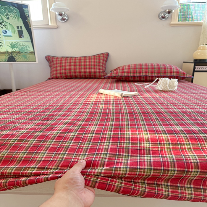 91家纺网 家纺一手货源 找家纺 金丝鸟 2025春夏新款全棉纯棉双层纱床笠 床笠单件 红色格纹