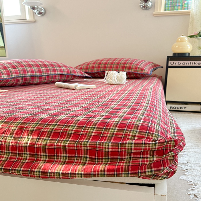 91家纺网 家纺一手货源 找家纺 金丝鸟 2025春夏新款全棉纯棉双层纱床笠 床笠单件 红色格纹