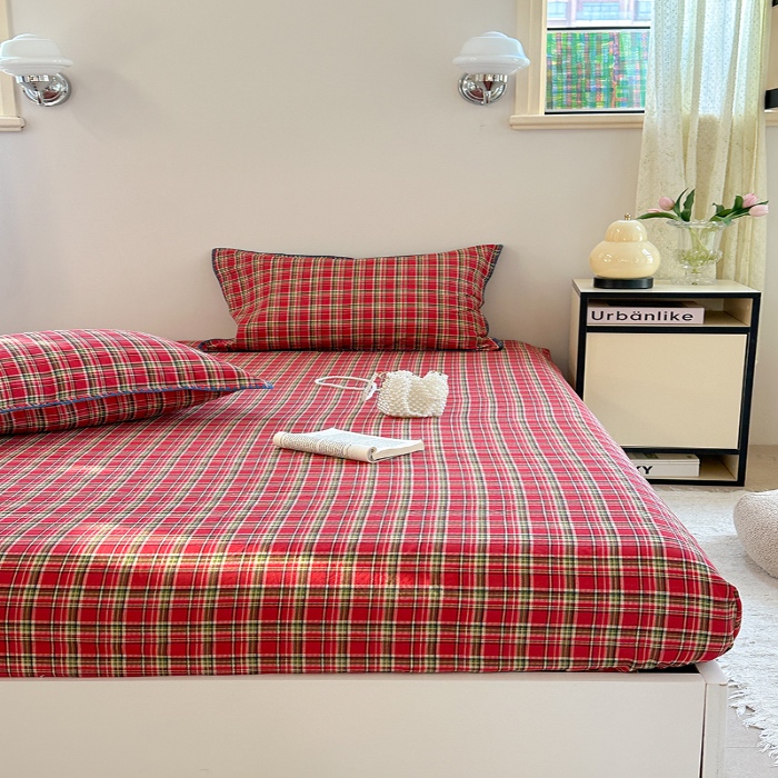 91家纺网 家纺一手货源 找家纺 金丝鸟 2025春夏新款全棉纯棉双层纱床笠 床笠单件 红色格纹