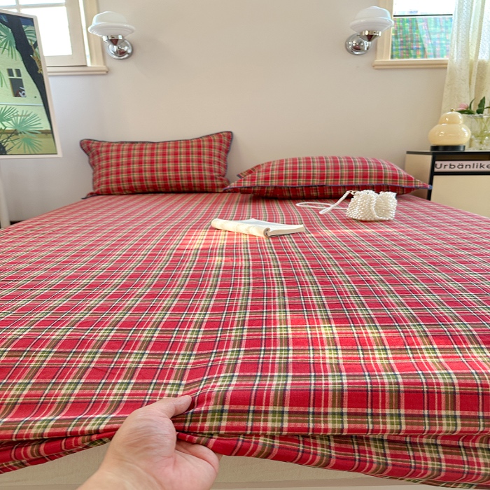 91家纺网 家纺一手货源 找家纺 金丝鸟 2025春夏新款全棉纯棉双层纱床笠 床笠单件 红色格纹