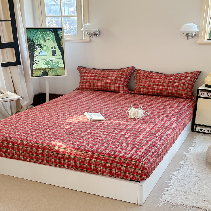 91家纺网 家纺一手货源 找家纺 金丝鸟 2025春夏新款全棉纯棉双层纱床笠 床笠单件 红色格纹