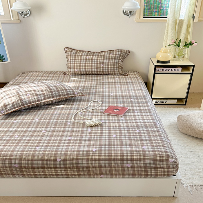 91家纺网 家纺一手货源 找家纺 金丝鸟 2025春夏新款全棉纯棉双层纱床笠 床笠单件 复古棕格