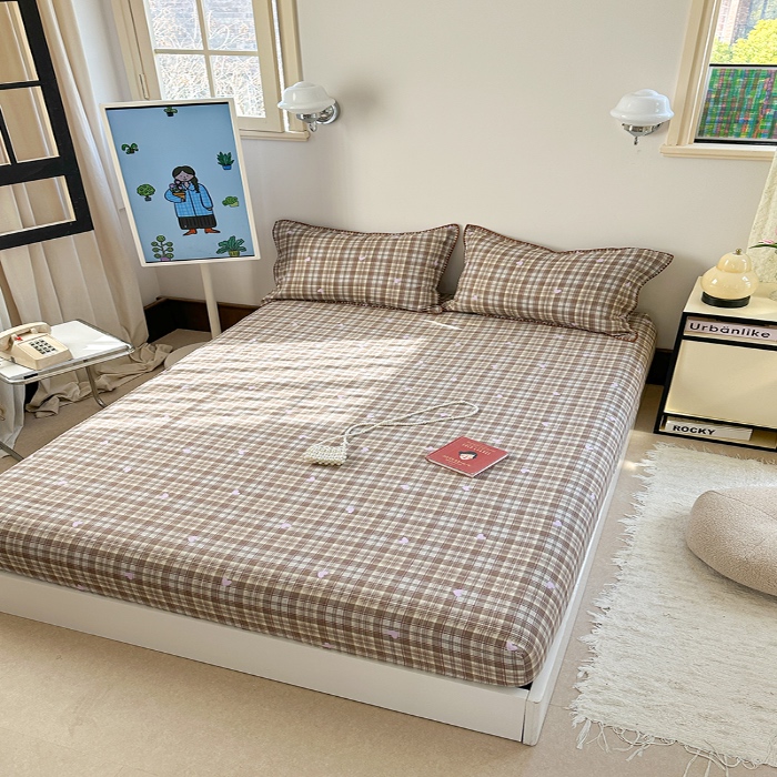 91家纺网 家纺一手货源 找家纺 金丝鸟 2025春夏新款全棉纯棉双层纱床笠 床笠单件 复古棕格