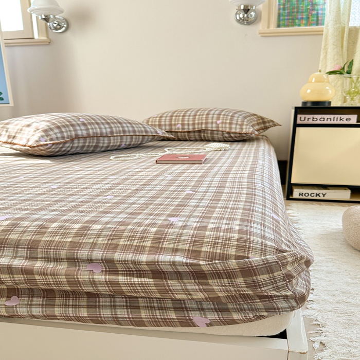 91家纺网 家纺一手货源 找家纺 金丝鸟 2025春夏新款全棉纯棉双层纱床笠 床笠单件 复古棕格