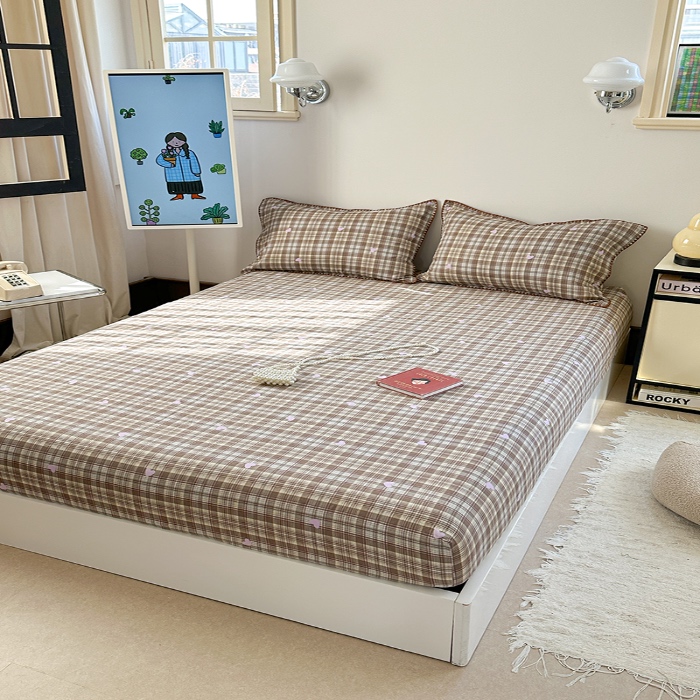 91家纺网 家纺一手货源 找家纺 金丝鸟 2025春夏新款全棉纯棉双层纱床笠 床笠单件 复古棕格