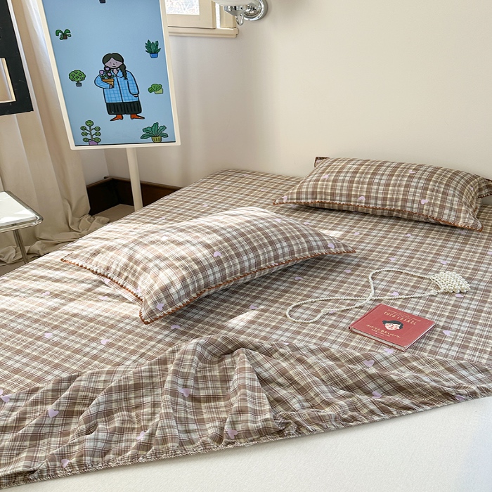 91家纺网 家纺一手货源 找家纺 金丝鸟 2025春夏新款全棉纯棉双层纱床笠 床笠单件 复古棕格