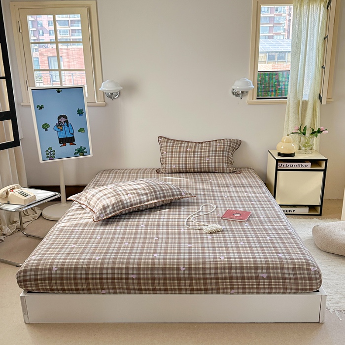 91家纺网 家纺一手货源 找家纺 金丝鸟 2025春夏新款全棉纯棉双层纱床笠 床笠单件 复古棕格