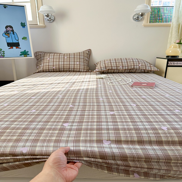 91家纺网 家纺一手货源 找家纺 金丝鸟 2025春夏新款全棉纯棉双层纱床笠 床笠单件 复古棕格