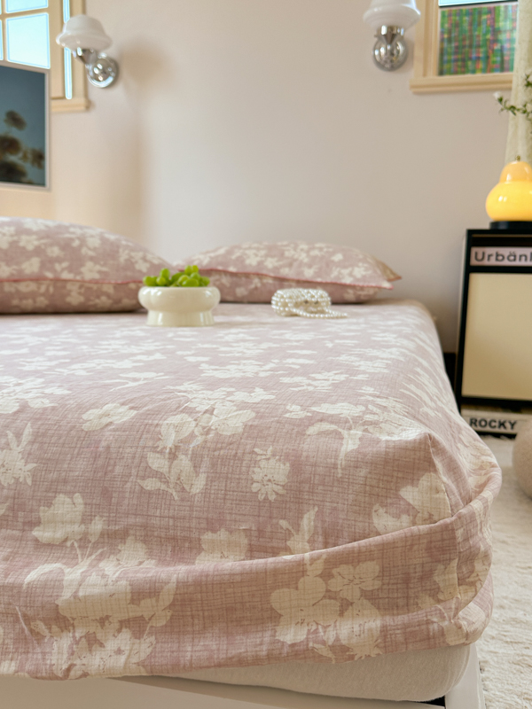 91家纺网 家纺一手货源 找家纺 金丝鸟 2025春夏新款全棉纯棉双层纱床笠 床笠单件 花影