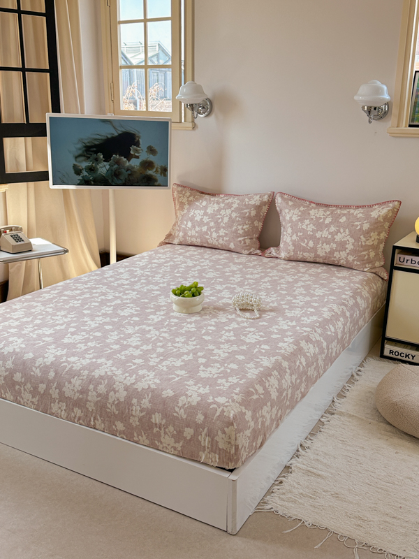 91家纺网 家纺一手货源 找家纺 金丝鸟 2025春夏新款全棉纯棉双层纱床笠 床笠单件 花影