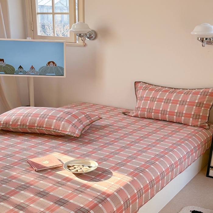 91家纺网 家纺一手货源 找家纺 金丝鸟 2025春夏新款全棉纯棉双层纱床笠 床笠单件 怀秋豆沙格