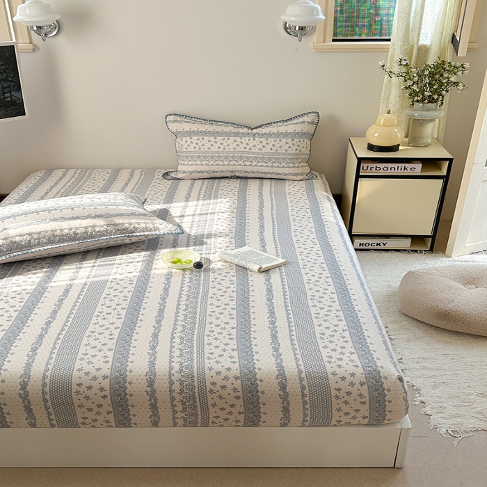 91家纺网 家纺一手货源 找家纺 金丝鸟 2025春夏新款全棉纯棉双层纱床笠 床笠单件 蓝色花纹