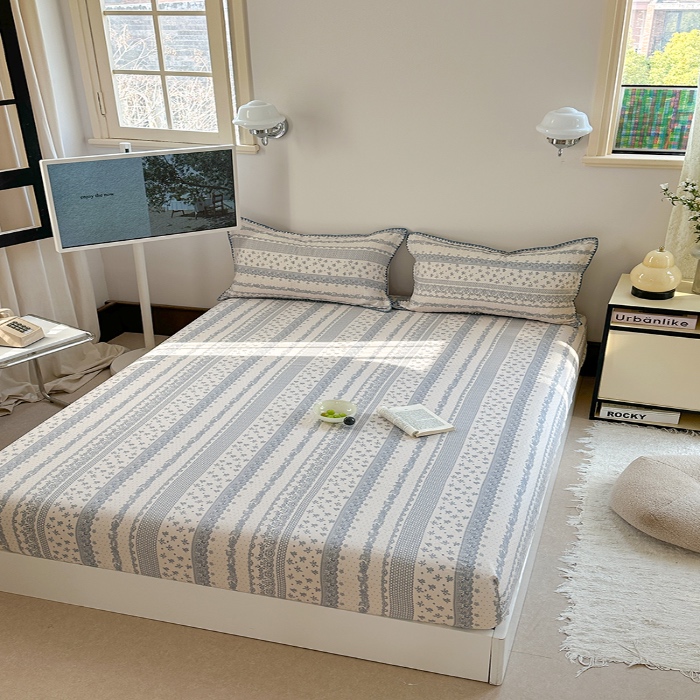 91家纺网 家纺一手货源 找家纺 金丝鸟 2025春夏新款全棉纯棉双层纱床笠 床笠单件 蓝色花纹