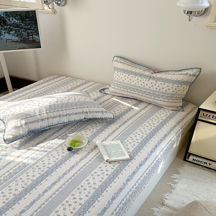 91家纺网 家纺一手货源 找家纺 金丝鸟 2025春夏新款全棉纯棉双层纱床笠 床笠单件 蓝色花纹