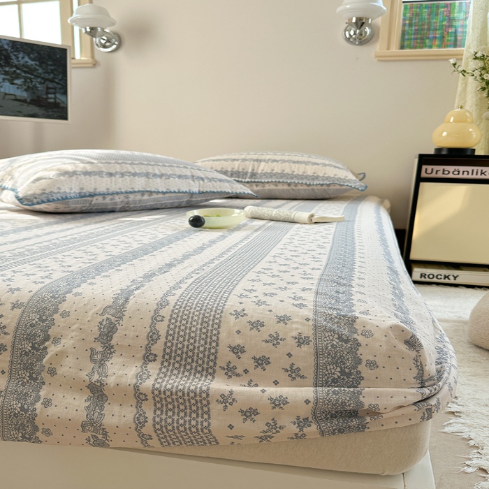 91家纺网 家纺一手货源 找家纺 金丝鸟 2025春夏新款全棉纯棉双层纱床笠 床笠单件 蓝色花纹