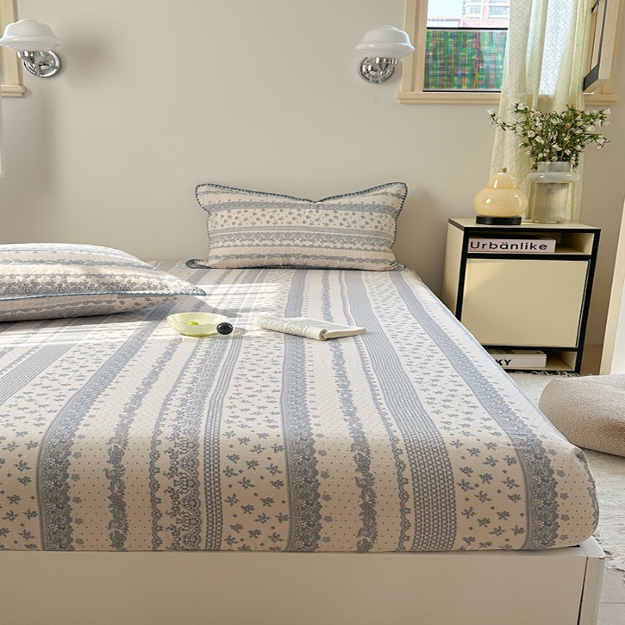 91家纺网 家纺一手货源 找家纺 金丝鸟 2025春夏新款全棉纯棉双层纱床笠 床笠单件 蓝色花纹