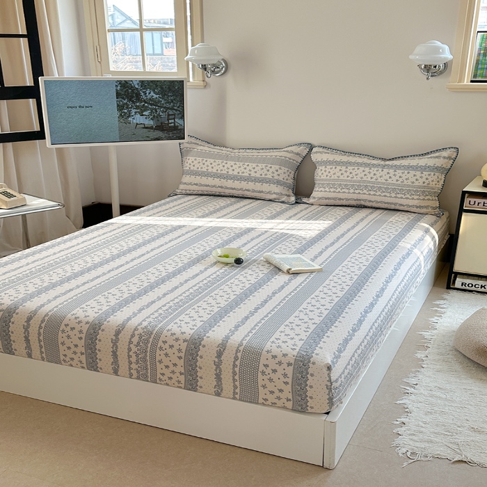 91家纺网 家纺一手货源 找家纺 金丝鸟 2025春夏新款全棉纯棉双层纱床笠 床笠单件 蓝色花纹