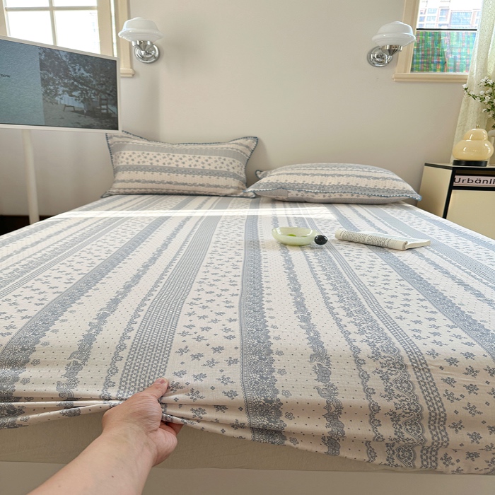 91家纺网 家纺一手货源 找家纺 金丝鸟 2025春夏新款全棉纯棉双层纱床笠 床笠单件 蓝色花纹