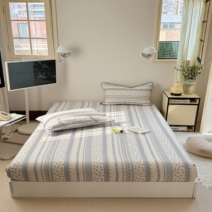 91家纺网 家纺一手货源 找家纺 金丝鸟 2025春夏新款全棉纯棉双层纱床笠 床笠单件 蓝色花纹