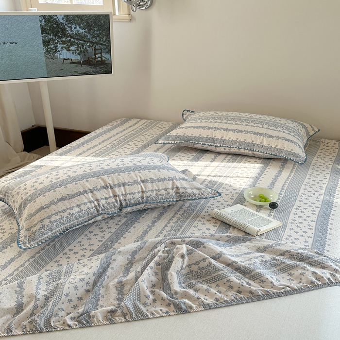 91家纺网 家纺一手货源 找家纺 金丝鸟 2025春夏新款全棉纯棉双层纱床笠 床笠单件 蓝色花纹