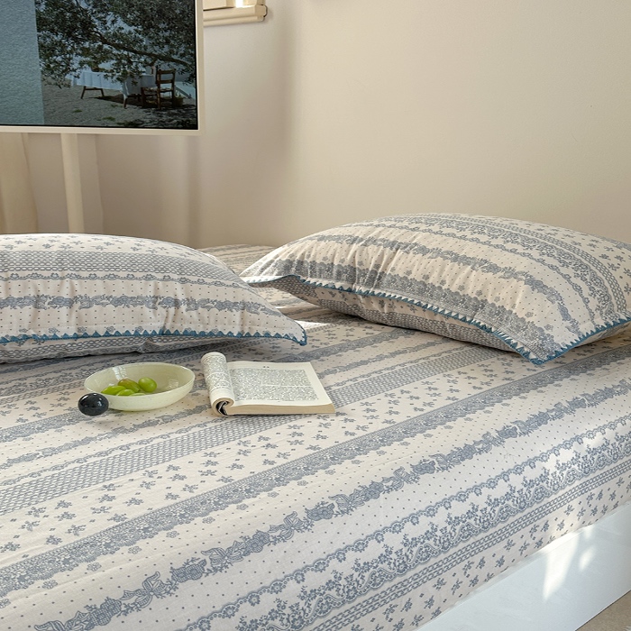 91家纺网 家纺一手货源 找家纺 金丝鸟 2025春夏新款全棉纯棉双层纱床笠 床笠单件 蓝色花纹