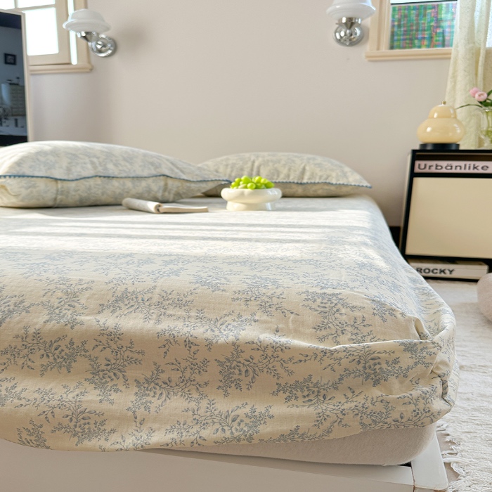 91家纺网 家纺一手货源 找家纺 金丝鸟 2025春夏新款全棉纯棉双层纱床笠 床笠单件 蓝色枝丫