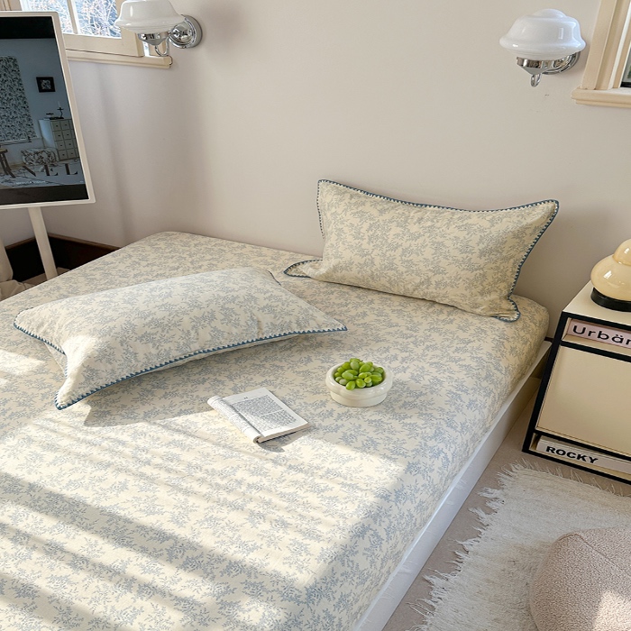 91家纺网 家纺一手货源 找家纺 金丝鸟 2025春夏新款全棉纯棉双层纱床笠 床笠单件 蓝色枝丫