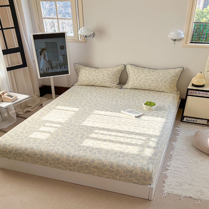 91家纺网 家纺一手货源 找家纺 金丝鸟 2025春夏新款全棉纯棉双层纱床笠 床笠单件 蓝色枝丫