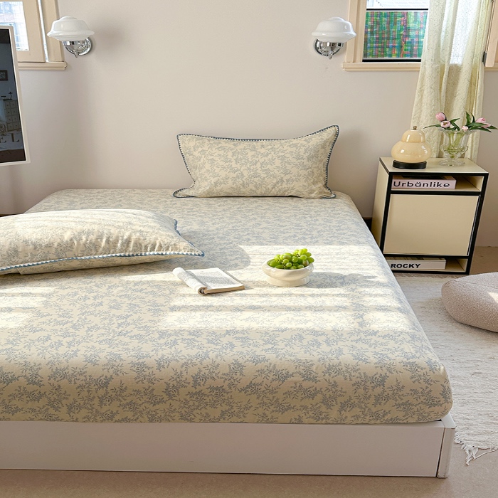 91家纺网 家纺一手货源 找家纺 金丝鸟 2025春夏新款全棉纯棉双层纱床笠 床笠单件 蓝色枝丫