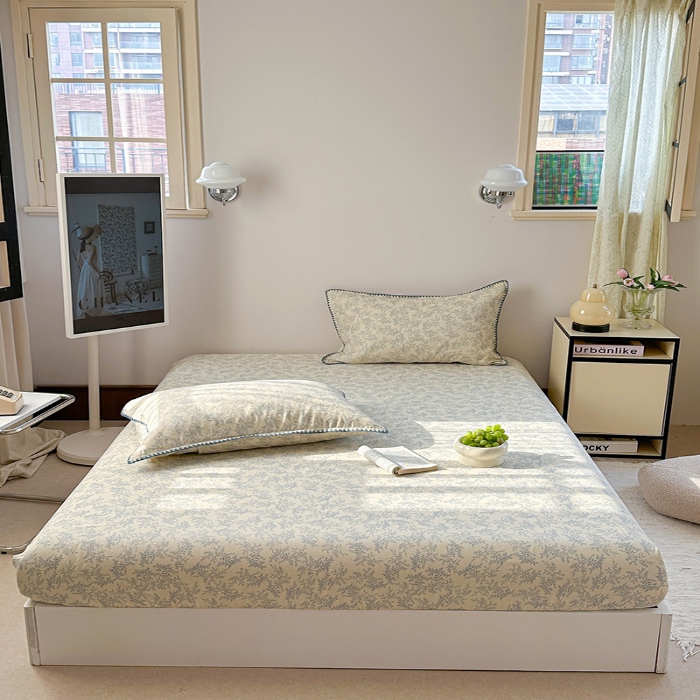 91家纺网 家纺一手货源 找家纺 金丝鸟 2025春夏新款全棉纯棉双层纱床笠 床笠单件 蓝色枝丫