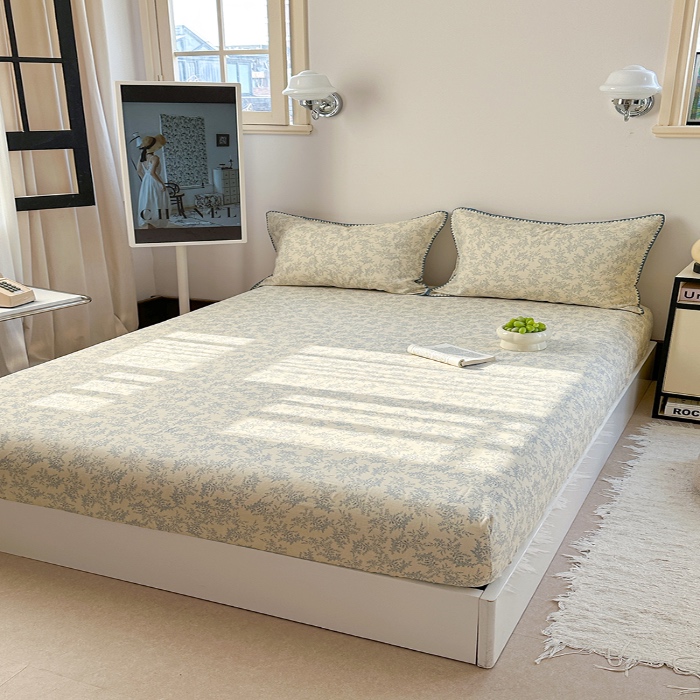 91家纺网 家纺一手货源 找家纺 金丝鸟 2025春夏新款全棉纯棉双层纱床笠 床笠单件 蓝色枝丫