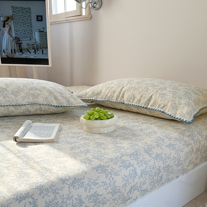 91家纺网 家纺一手货源 找家纺 金丝鸟 2025春夏新款全棉纯棉双层纱床笠 床笠单件 蓝色枝丫