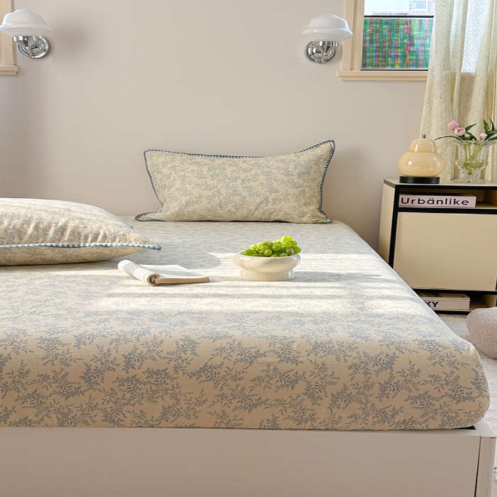 91家纺网 家纺一手货源 找家纺 金丝鸟 2025春夏新款全棉纯棉双层纱床笠 床笠单件 蓝色枝丫