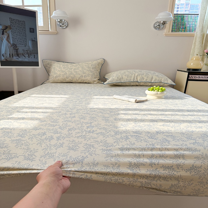 91家纺网 家纺一手货源 找家纺 金丝鸟 2025春夏新款全棉纯棉双层纱床笠 床笠单件 蓝色枝丫