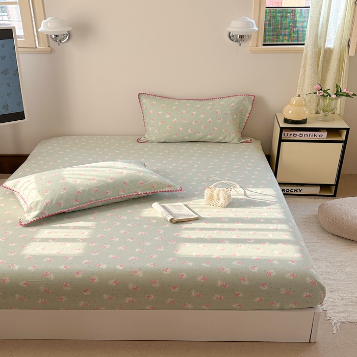 91家纺网 家纺一手货源 找家纺 金丝鸟 2025春夏新款全棉纯棉双层纱床笠 床笠单件 绿色蝴蝶结