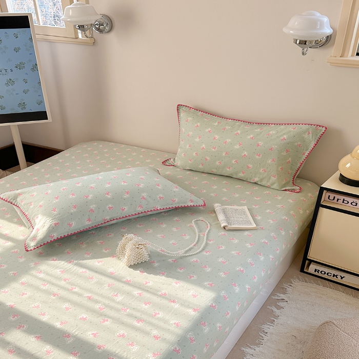 91家纺网 家纺一手货源 找家纺 金丝鸟 2025春夏新款全棉纯棉双层纱床笠 床笠单件 绿色蝴蝶结