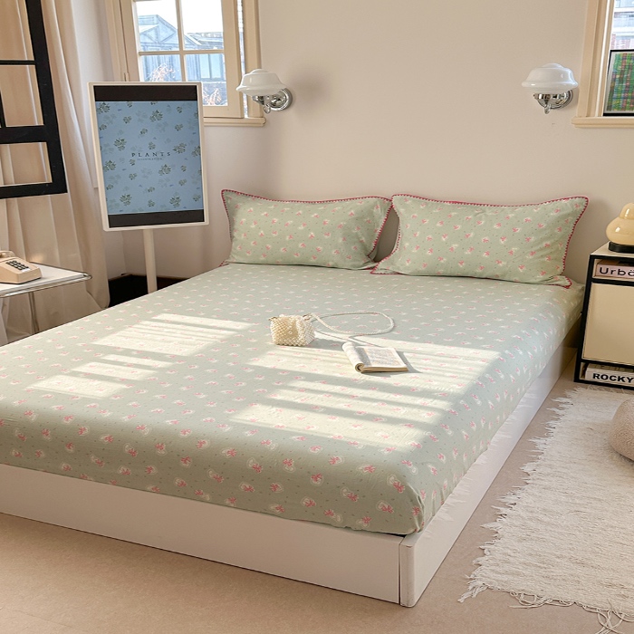 91家纺网 家纺一手货源 找家纺 金丝鸟 2025春夏新款全棉纯棉双层纱床笠 床笠单件 绿色蝴蝶结