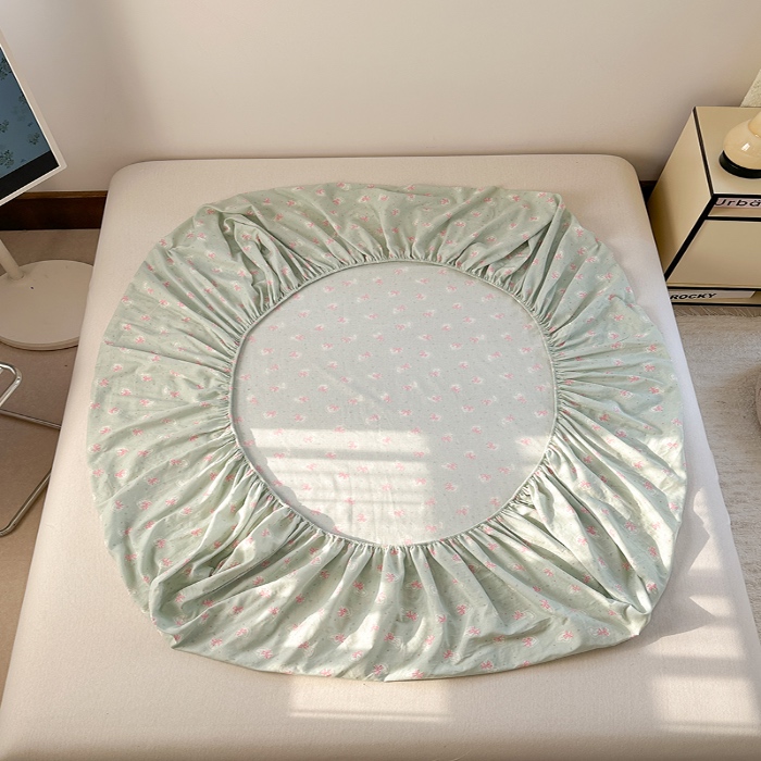 91家纺网 家纺一手货源 找家纺 金丝鸟 2025春夏新款全棉纯棉双层纱床笠 床笠单件 绿色蝴蝶结