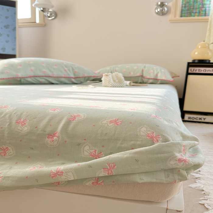 91家纺网 家纺一手货源 找家纺 金丝鸟 2025春夏新款全棉纯棉双层纱床笠 床笠单件 绿色蝴蝶结