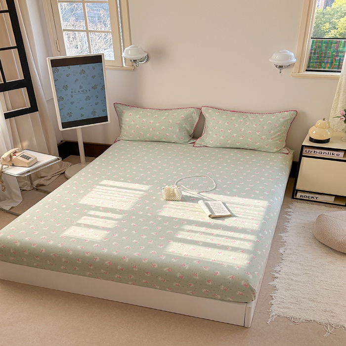 91家纺网 家纺一手货源 找家纺 金丝鸟 2025春夏新款全棉纯棉双层纱床笠 床笠单件 绿色蝴蝶结