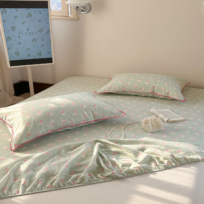 91家纺网 家纺一手货源 找家纺 金丝鸟 2025春夏新款全棉纯棉双层纱床笠 床笠单件 绿色蝴蝶结