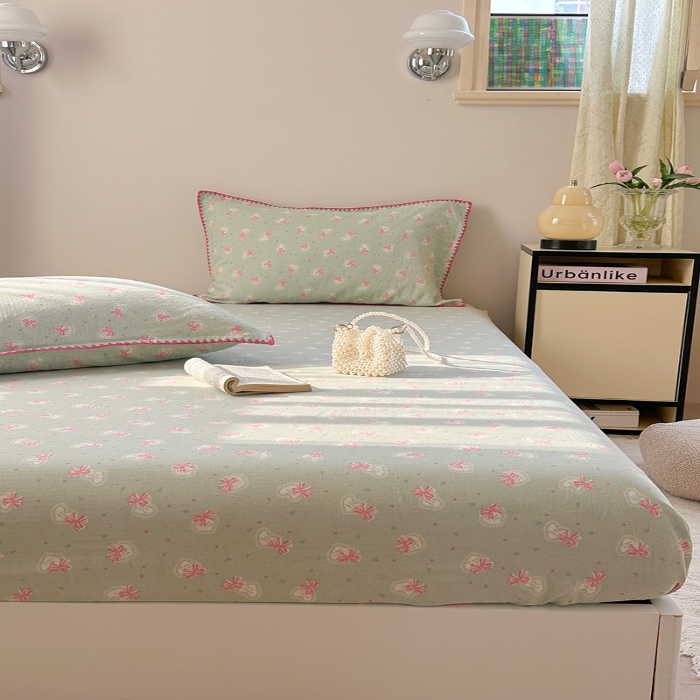 91家纺网 家纺一手货源 找家纺 金丝鸟 2025春夏新款全棉纯棉双层纱床笠 床笠单件 绿色蝴蝶结