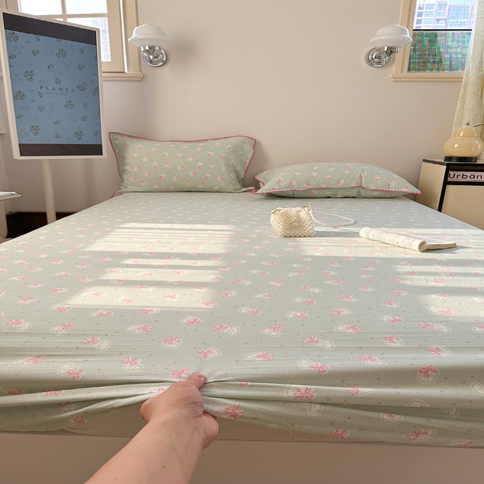 91家纺网 家纺一手货源 找家纺 金丝鸟 2025春夏新款全棉纯棉双层纱床笠 床笠单件 绿色蝴蝶结