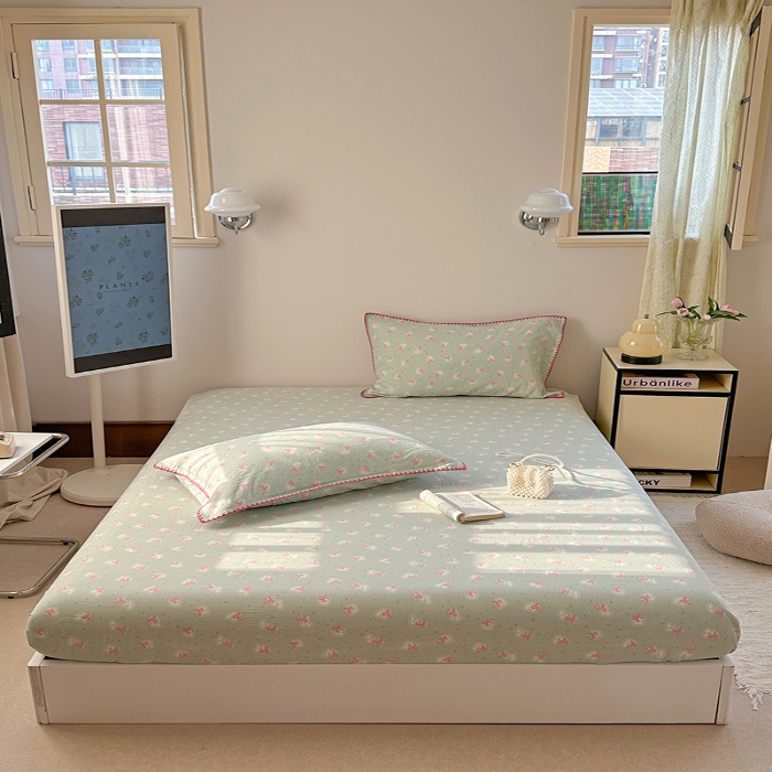 91家纺网 家纺一手货源 找家纺 金丝鸟 2025春夏新款全棉纯棉双层纱床笠 床笠单件 绿色蝴蝶结