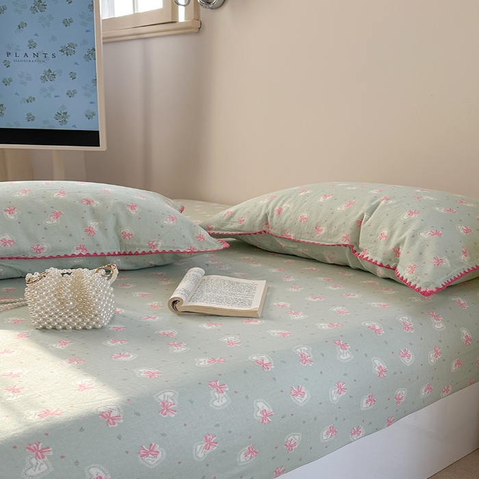 91家纺网 家纺一手货源 找家纺 金丝鸟 2025春夏新款全棉纯棉双层纱床笠 床笠单件 绿色蝴蝶结