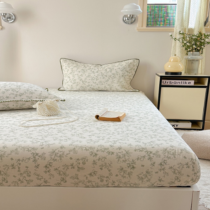 91家纺网 家纺一手货源 找家纺 金丝鸟 2025春夏新款全棉纯棉双层纱床笠 床笠单件 绿意枝头